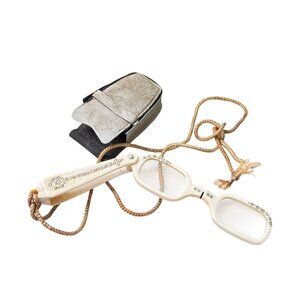 Antique Edwardian Rhinestone Lorgnette Opera Glasses Folding Handle with Case